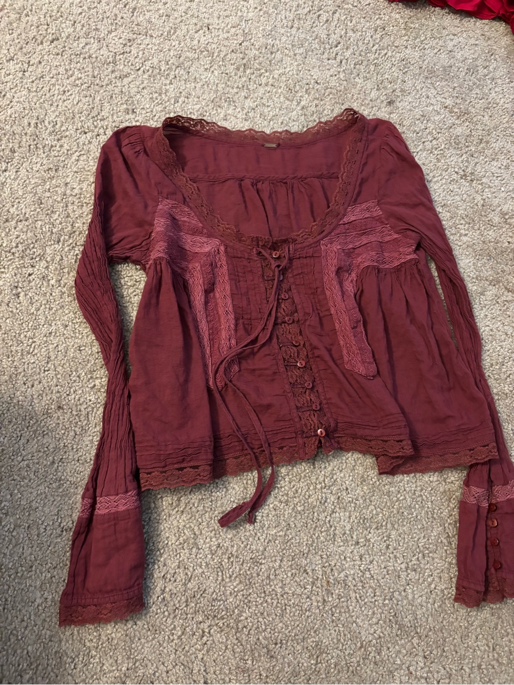 Free People Lace-Trim Wine Peasant Blouse